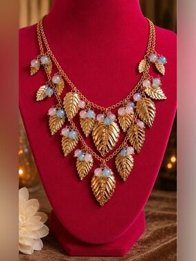 Avon Gold Leaf Necklace Bracelet Set Beaded Boho Layered Statement